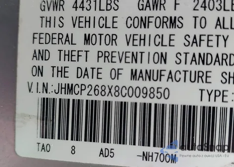 2008 Honda Accord 2.4 Ex-L из США, поврежденный, VIN JHMCP268X8C009850